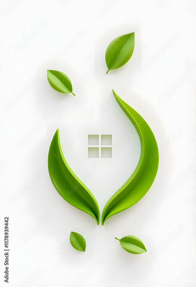 Obraz premium abstract 3D leaves growing and forming House symbol on white background, creative eco friendly environment home, future green energy real estate residential business, clipart style