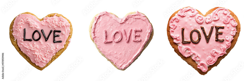 SET Heart-Shaped Cookies with Pink Frosting and LOVE Text on Transparent Background SET Heart-Shaped Cookies with Pink Frosting and LOVE Text on Transparent Background