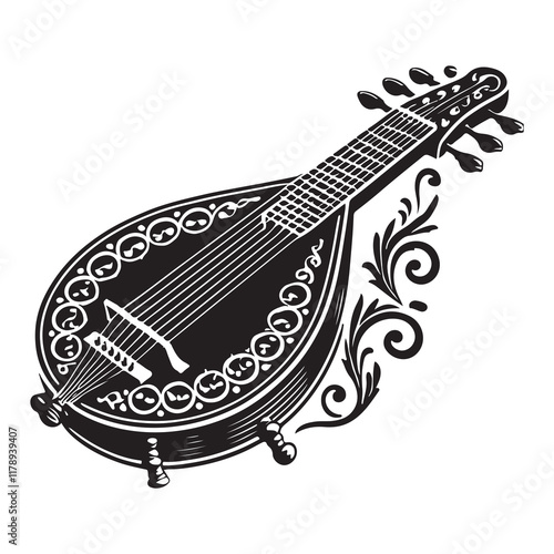 Dulcimer Silhouette Vector Illustration, Solid White Background.