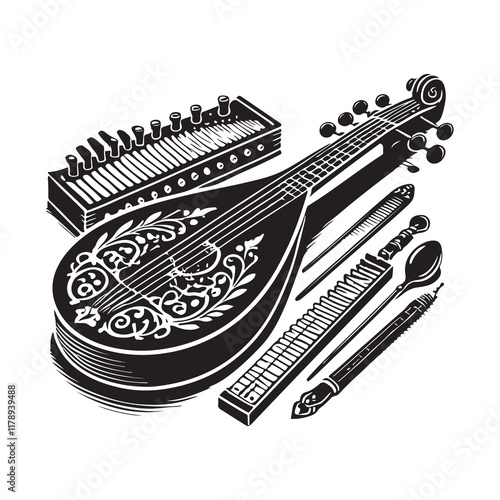 Dulcimer Silhouette Vector Illustration, Solid White Background.