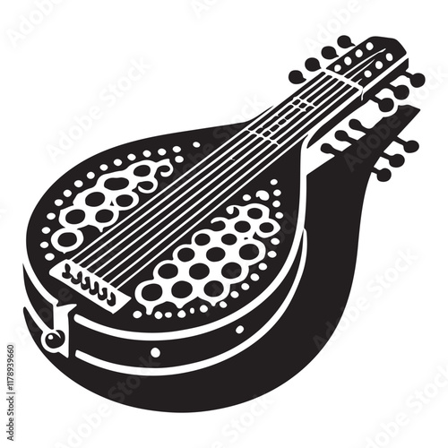 Dulcimer Silhouette Vector Illustration, Solid White Background.