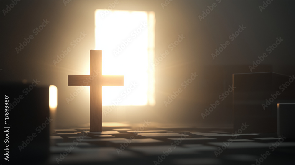 Naklejka premium A minimalist depiction of the resurrection, with a simple wooden cross and a bright light shining behind it, symbolizing hope and new beginnings.