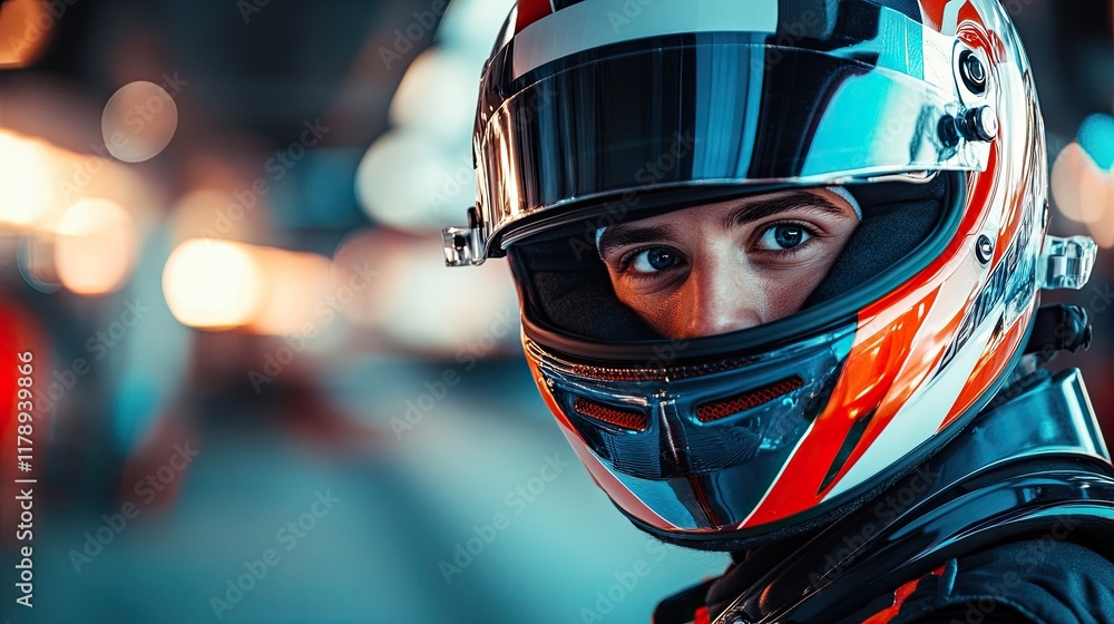 Professional race car driver in a helmet on the track Professional race car driver in a helmet on the track