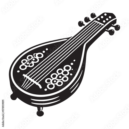 Dulcimer Silhouette Vector Illustration, Solid White Background.