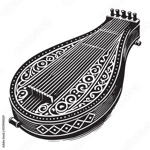 Dulcimer Silhouette Vector Illustration, Solid White Background.