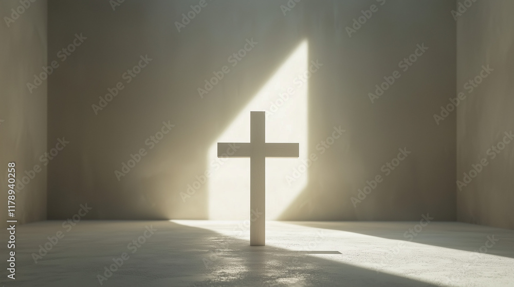 Naklejka premium A minimalist depiction of the resurrection, with a simple wooden cross and a bright light shining behind it, symbolizing hope and new beginnings.