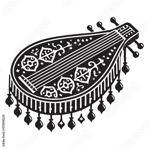 Dulcimer Silhouette Vector Illustration, Solid White Background.