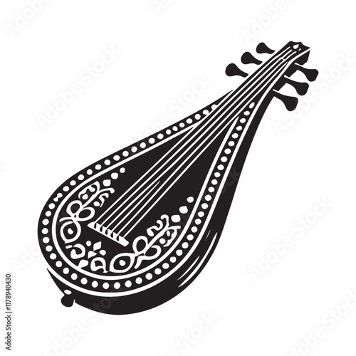 Dulcimer Silhouette Vector Illustration, Solid White Background.