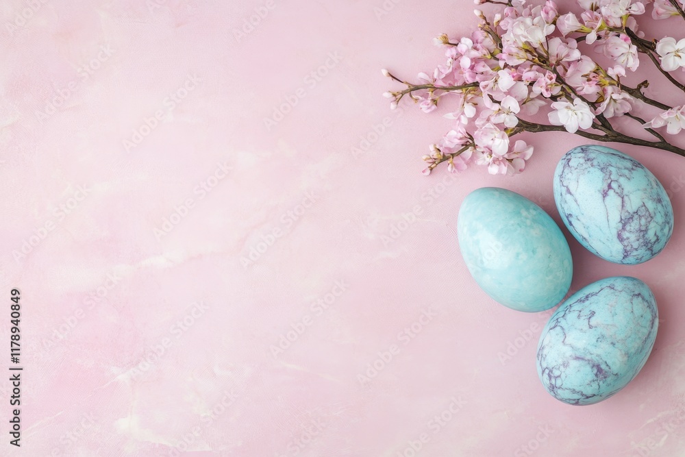 Colorful Easter eggs with spring blossoms flat lay on pink background. ai generated Colorful Easter eggs with spring blossoms flat lay on pink background. ai generated