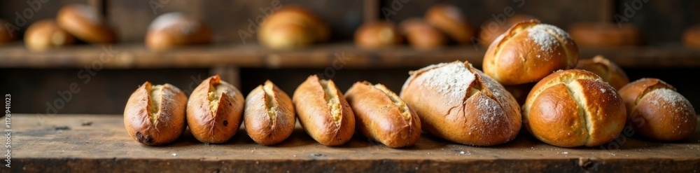 Freshly baked bread and buns on a rustic wooden table in a cozy bakery setting, table, rustic, baked goods Freshly baked bread and buns on a rustic wooden table in a cozy bakery setting, table, rustic, baked goods