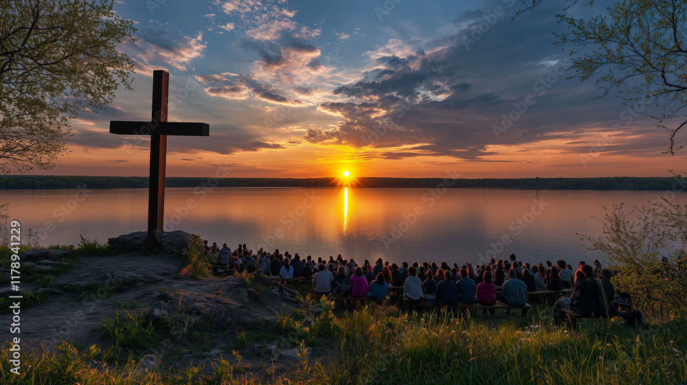 An Easter Sunday sunrise by the lake, with a wooden cross on a hill and the first light reflecting on the water. A small group of people gathers in silent prayer, symbolizing resurrection and renewal An Easter Sunday sunrise by the lake, with a wooden cross on a hill and the first light reflecting on the water. A small group of people gathers in silent prayer, symbolizing resurrection and renewal