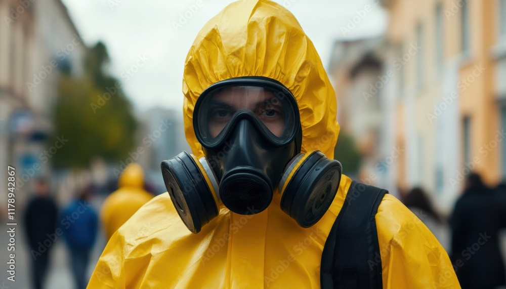 Individual in protective gear walking on a city street Individual in protective gear walking on a city street