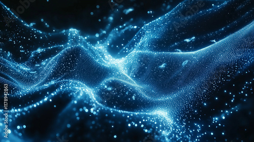 Abstract blue waves with bright particles on dark background. Modern digital banner. Empty space for text.