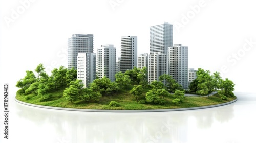 A circular island of green trees and grass with modern city buildings on a white background. photo