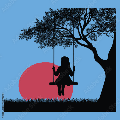 A girl sits on a swing under a tree with the sunset
