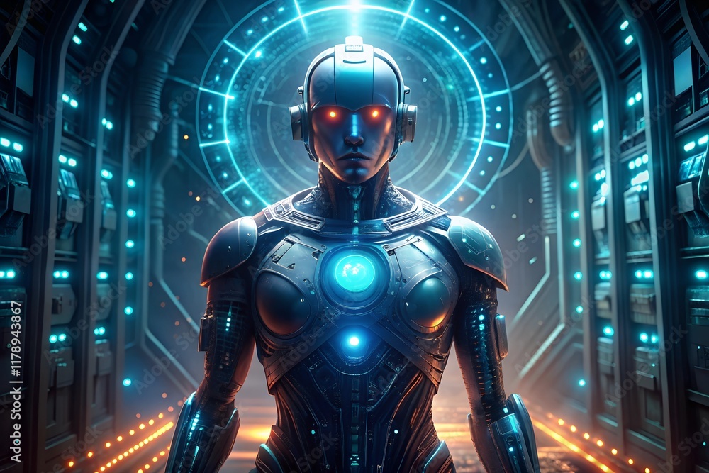A humanoid robot engages with a glowing digital display, surrounded by intricate circuitry and glowing lights. This futuristic setting showcases advanced technology and artificial intelligence A humanoid robot engages with a glowing digital display, surrounded by intricate circuitry and glowing lights. This futuristic setting showcases advanced technology and artificial intelligence