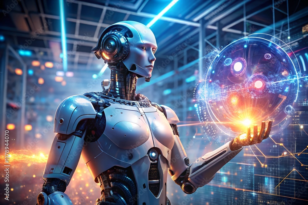 A humanoid robot engages with a glowing digital display, surrounded by intricate circuitry and glowing lights. This futuristic setting showcases advanced technology and artificial intelligence A humanoid robot engages with a glowing digital display, surrounded by intricate circuitry and glowing lights. This futuristic setting showcases advanced technology and artificial intelligence