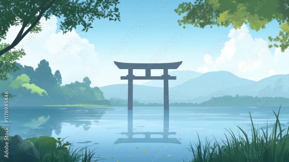 Serene lake with a traditional torii gate rising from the water, surrounded by lush greenery and tranquil reflections, inviting contemplation