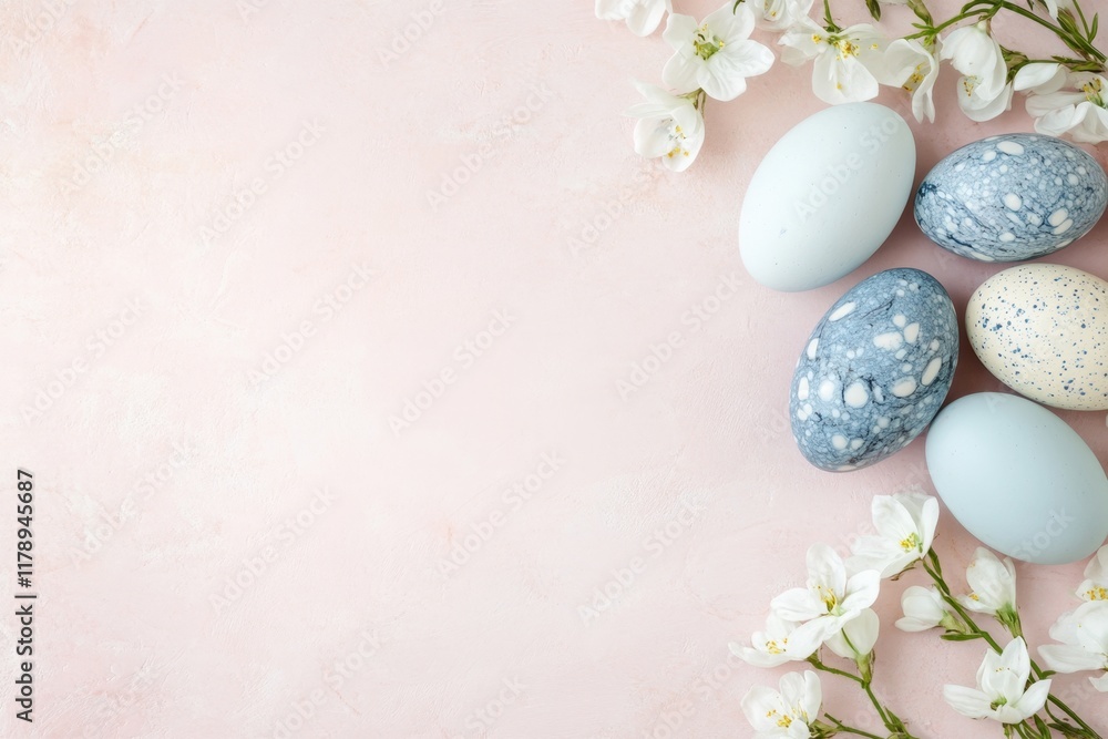 Colorful Easter eggs with spring blossoms flat lay on pink background. ai generated Colorful Easter eggs with spring blossoms flat lay on pink background. ai generated