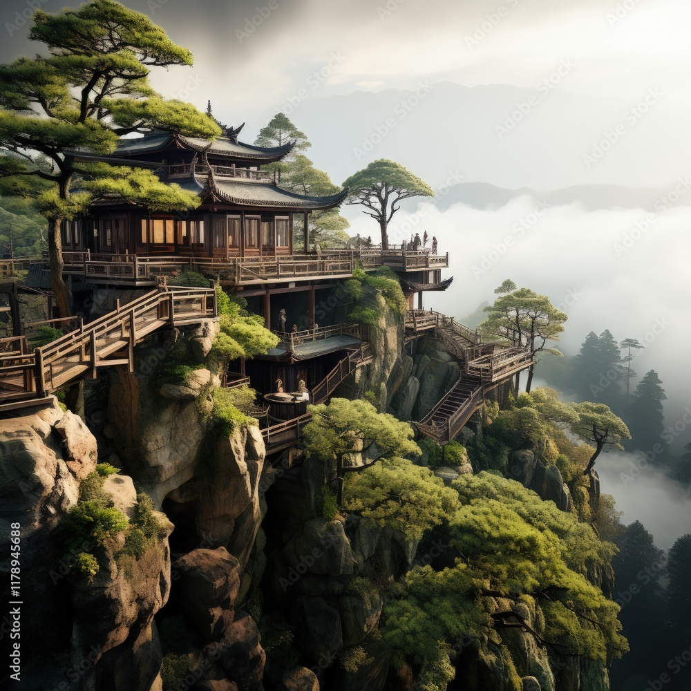 Fototapeta premium A Serene Chinese Architectural Design Carved Into the Mountain Rocks