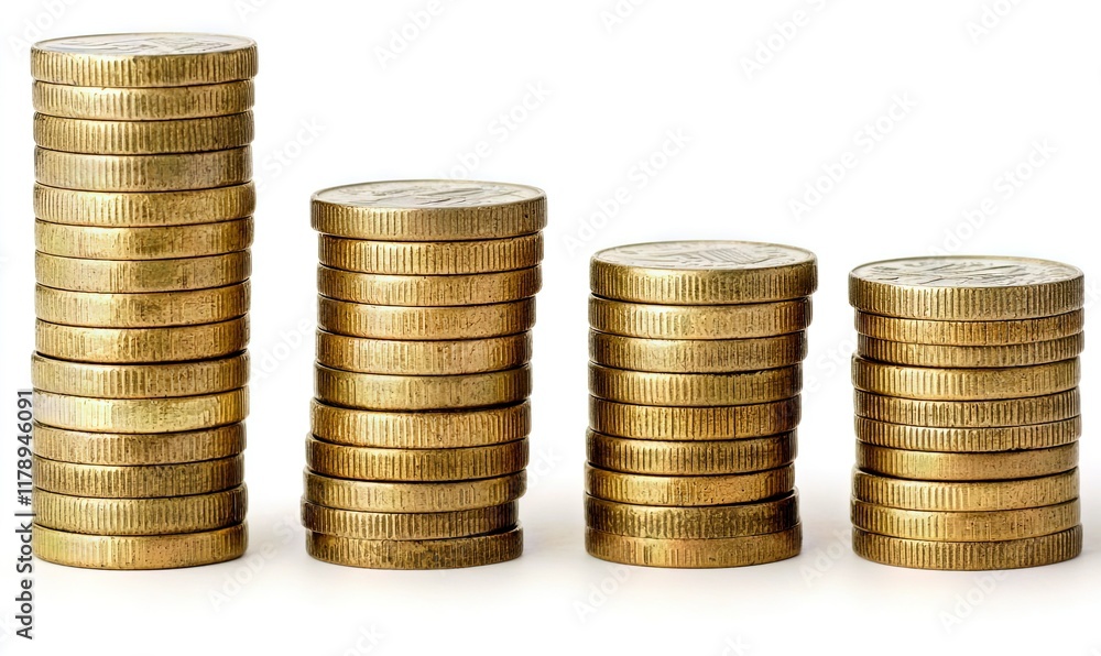 Stacks of gold coins descending in value on white background for financial concepts. Stacks of gold coins descending in value on white background for financial concepts.