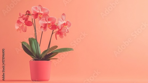 Wallpaper Mural Stunning magenta orchid flowers in a modern pot, positioned against a sunny coral background. Torontodigital.ca