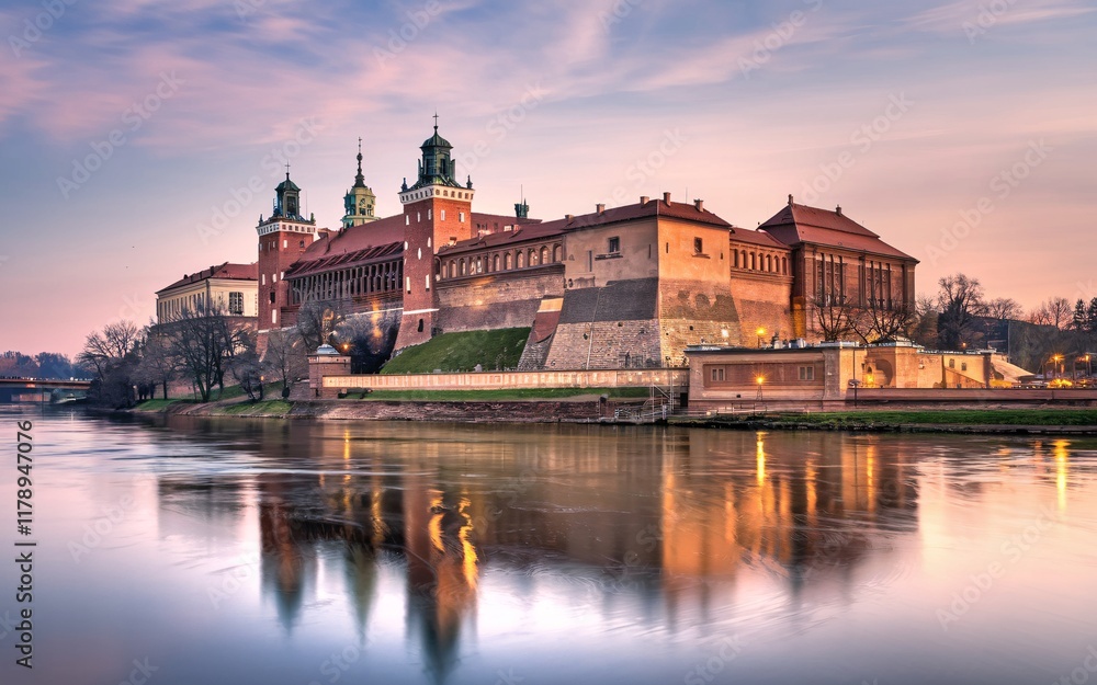 Krakow's Wawel Castle, Poland Majestic castle at sunset reflected in calm river. (1) Krakow's Wawel Castle, Poland Majestic castle at sunset reflected in calm river. (1)
