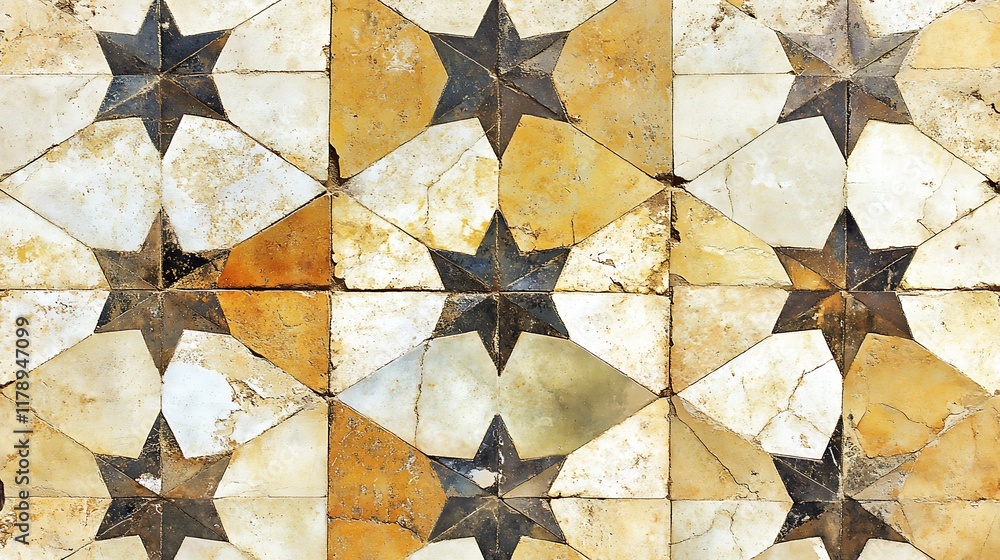 Aged Stone Tile Mosaic Featuring Star Pattern Aged Stone Tile Mosaic Featuring Star Pattern
