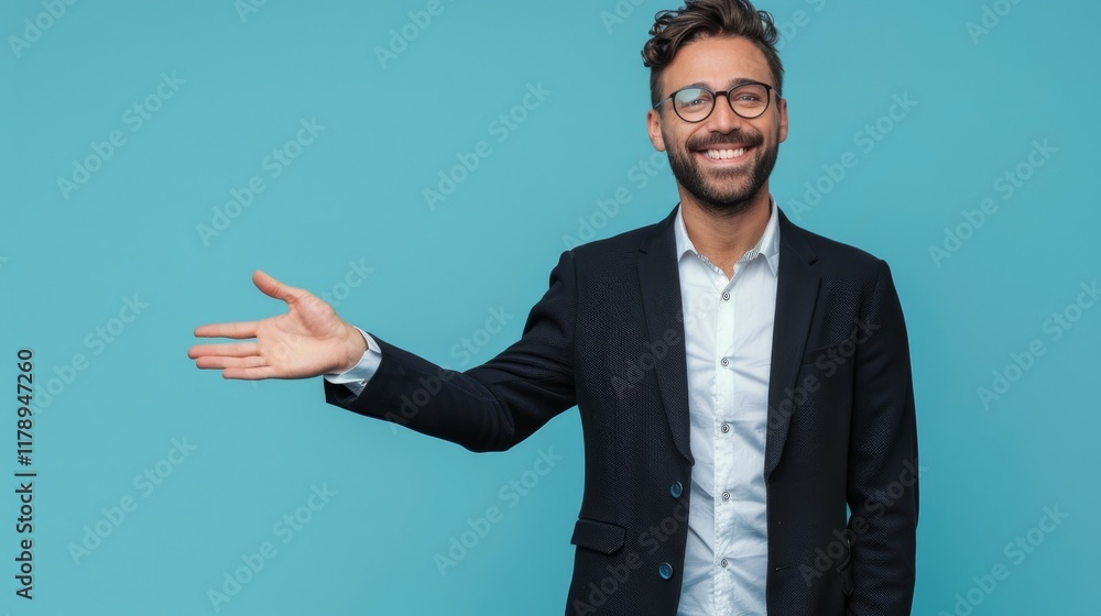 Portrait of excited, broadly smiling businessman in suit gesturing with hand. Isolated on blue background with clear, empty, copy space Portrait of excited, broadly smiling businessman in suit gesturing with hand. Isolated on blue background with clear, empty, copy space