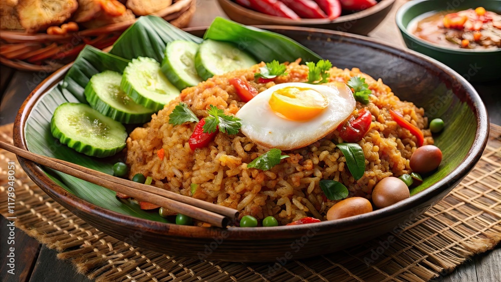 Close up shot of delicious Nasi Goreng Spesial with egg, satay, pickles, and crackers , Indonesian, fried rice Close up shot of delicious Nasi Goreng Spesial with egg, satay, pickles, and crackers , Indonesian, fried rice
