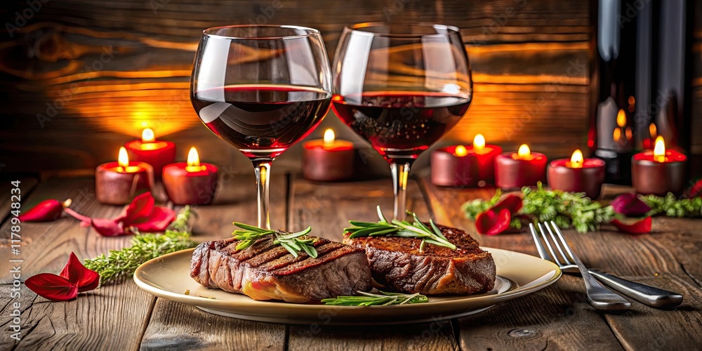 Romantic dinner for two with grilled steaks and glasses of red wine, romantic, dinner, two people, steaks, red wine, dining Romantic dinner for two with grilled steaks and glasses of red wine, romantic, dinner, two people, steaks, red wine, dining