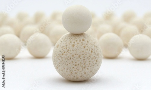 Textured sphere stacked on smooth sphere with blurred spheres in background on white surface.