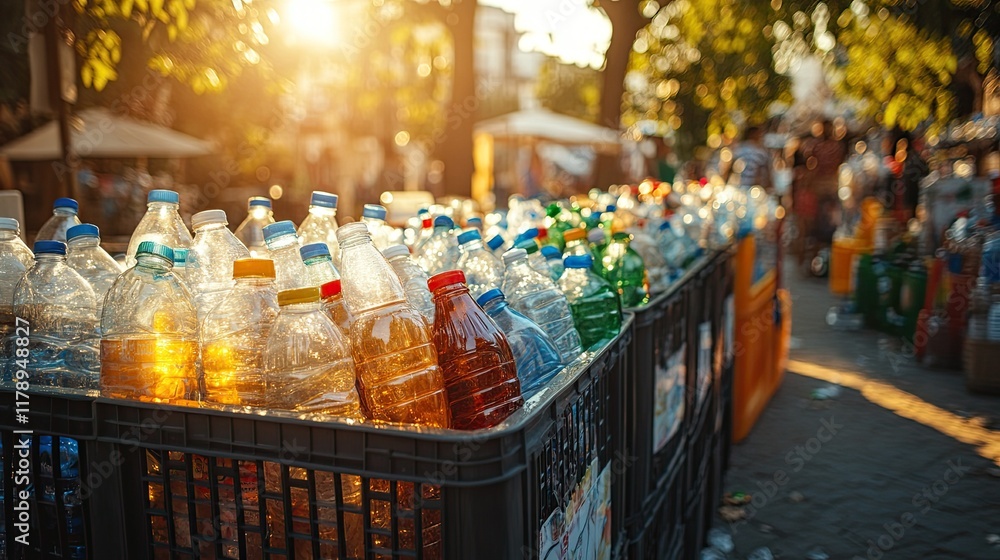 Recycling bins filled with plastic bottles at an outdoor event during sunset