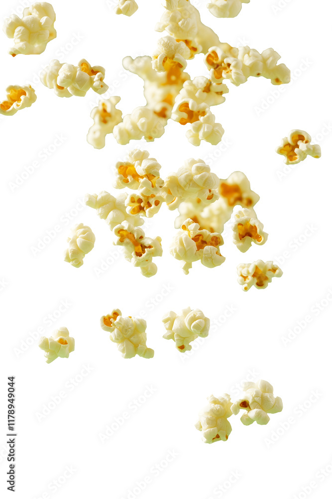 Realistic popcorn falling on transparent background, isolated png element for entertainment, movie night, food and snack design