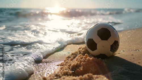 A soccer ball lying in the direct sunlight on the shore photo