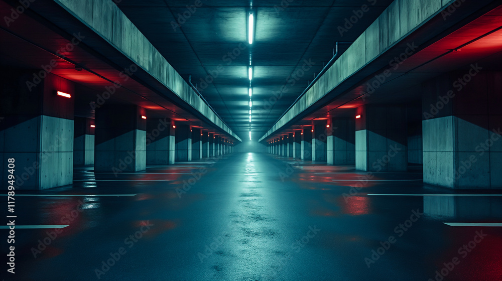 Fototapeta premium Spacious Modern Underground Car Parking Area With Concrete Structure, Bright Lighting. Generative AI