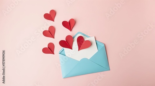 Valentine's Day. Love letter envelope with paper craft hearts - on pink valentines or anniversary background with copy space photo