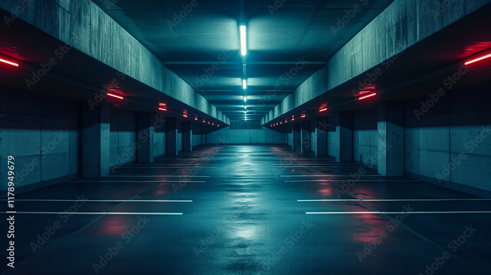 Fototapeta premium Spacious Modern Underground Car Parking Area With Concrete Structure, Bright Lighting. Generative AI