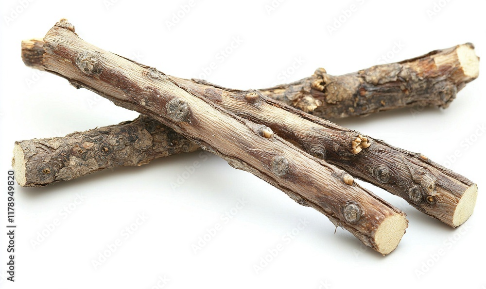 Fototapeta premium Two crossed twigs on white background, potential tool or kindling.