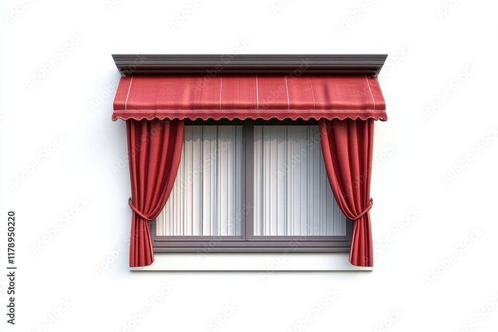 Red awning, window, curtains, storefront, white background, design, retail Red awning, window, curtains, storefront, white background, design, retail