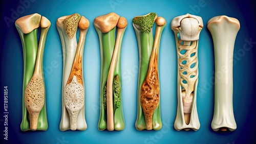 A detailed of different types of bone fractures including greenstick, comminuted, and spiral fractures , bone photo