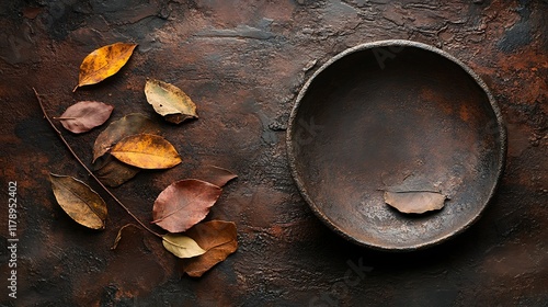 Autumn leaves and empty bowl on rustic background; food photography. photo