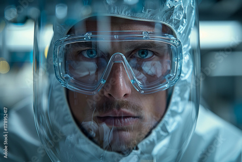 Man in chemical protective suit and gas mask in laboratory generative AI photo