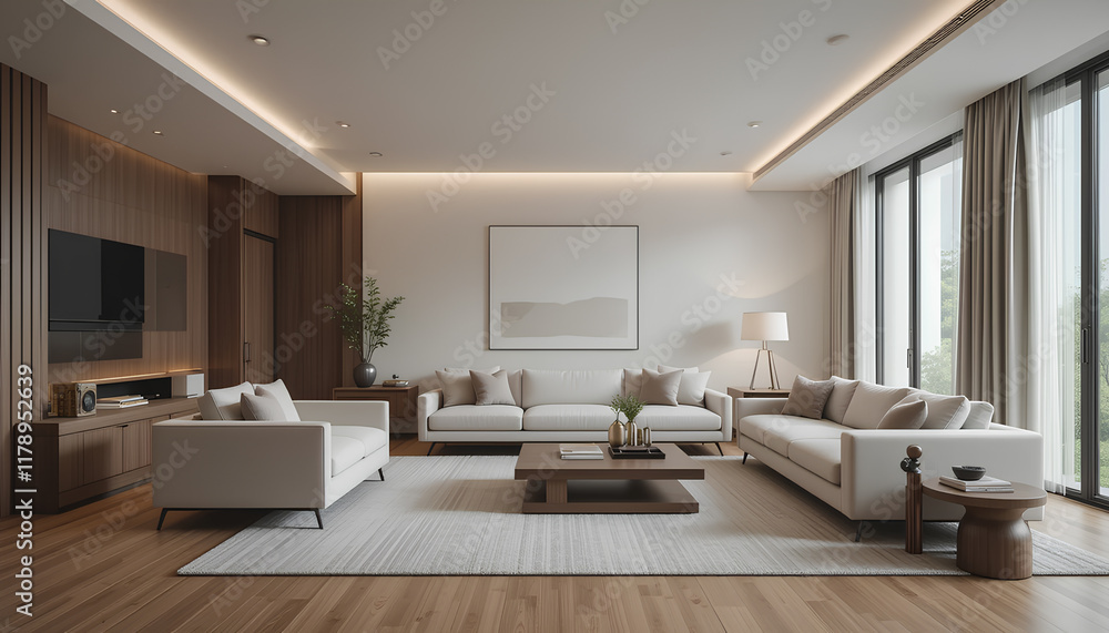 Modern minimalist living room with neutral tones, featuring white sofas, wooden accents, and large windows. Modern minimalist living room with neutral tones, featuring white sofas, wooden accents, and large windows.