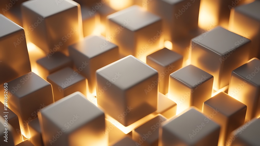 3D geometric pattern with interlocking cubes illuminated by soft golden light 3D geometric pattern with interlocking cubes illuminated by soft golden light