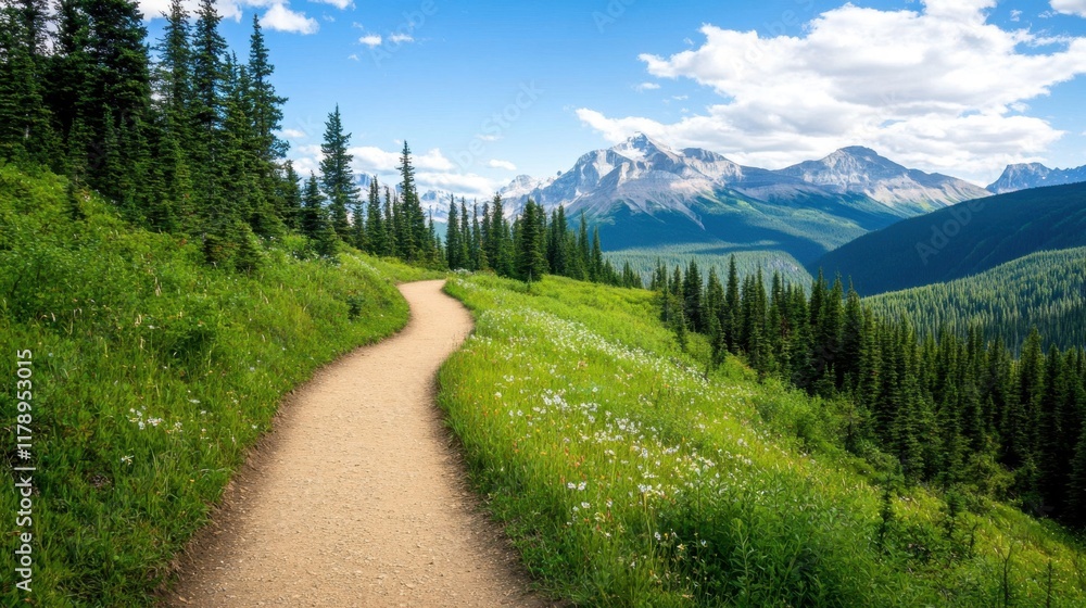 Fototapeta premium Scenic Mountain Pathway Through Lush Green Landscape in Summer