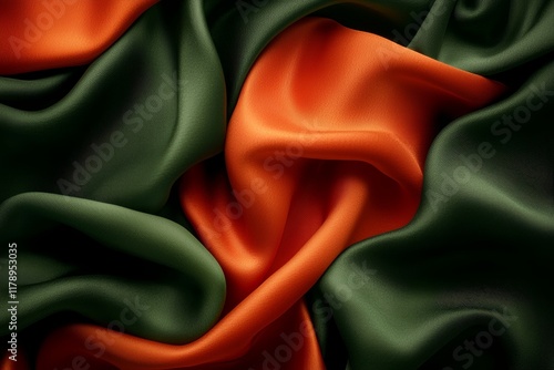 Luxurious Draped Silk Fabric in Deep Forest Green and Rich Burnt Orange Hues