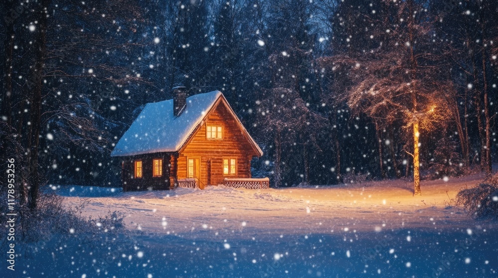A cozy cabin nestled in the woods, illuminated by warm light, with snow gently falling around it. A cozy cabin nestled in the woods, illuminated by warm light, with snow gently falling around it.