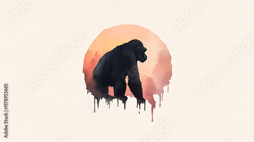 Gorilla Silhouette at Sunset: Digital Painting of a Primate in a Misty Landscape AI Generated photo