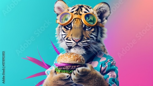 A tiger cub holding a hamburger in his hands with a vibrant aqua and vibrant pink background wearing goggles and a teashirt photo